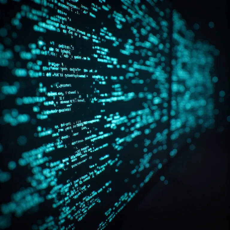 Leuchtender Programmcode auf einem Monitor im dunklen Leitstand