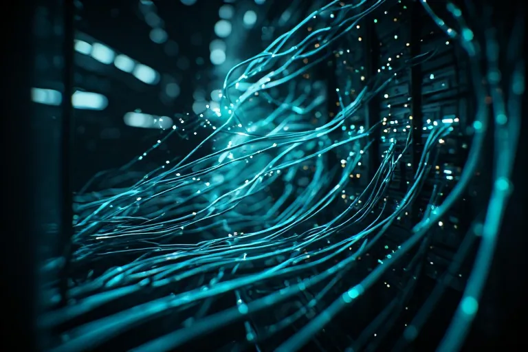 Leuchtende cyanfarbene Glasfaserkabel als Datenströme im dunklen Serverschrank