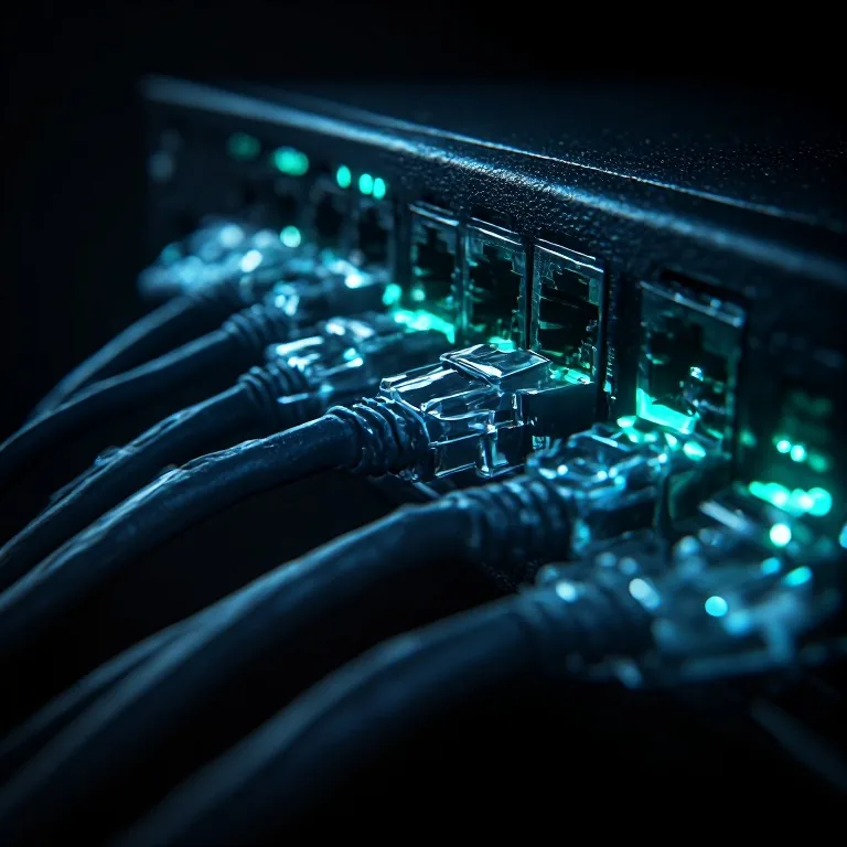 Industrieller Netzwerk-Switch mit eingesteckten Ethernet-Kabeln und leuchtenden Port-LEDs